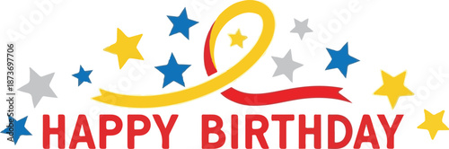 Vibrant happy birthday greeting with colorful stars and ribbon