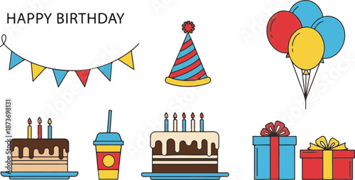 Birthday celebration elements with cake balloons and gifts