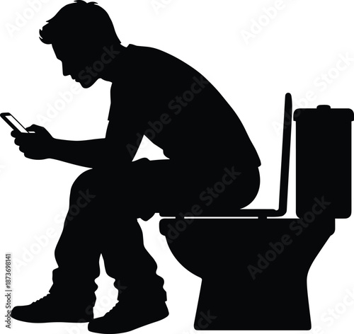 Silhouette of Man Sitting on Toilet Using Smartphone, Mobile Addiction, Bathroom Technology Use, Modern Lifestyle, Privacy, Daily Routine Concept Illustration