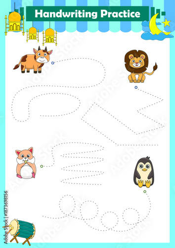 Handwriting Practice. Tracing lines for kids with animals. Vector Illustration