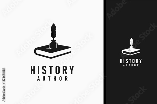 Feather quill pen and book for history logo symbol icon design