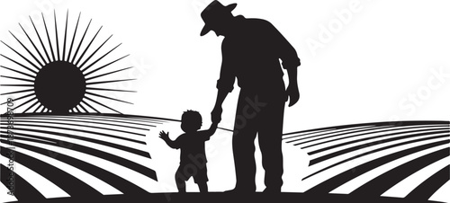Silhouette of farmer and child in a sunny field