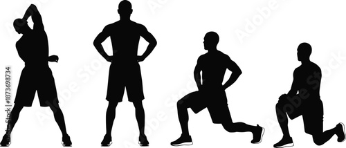 Athletic man workout silhouettes showing stretching, standing, lunges, and kneeling exercises, fitness training routine, healthy lifestyle concept illustration