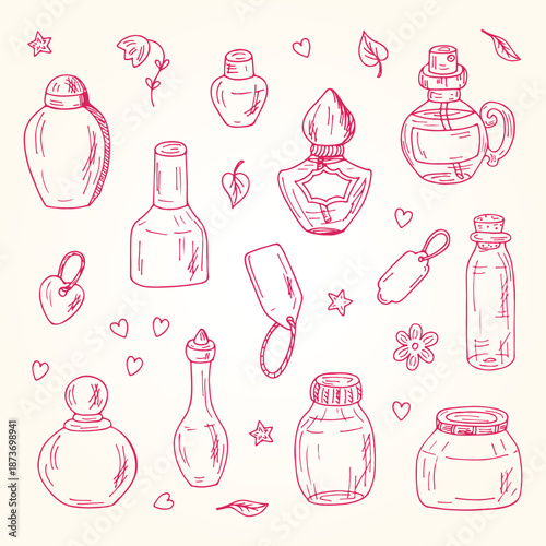 Vector glass flasks. Perfume bottles hand drawn doodle set