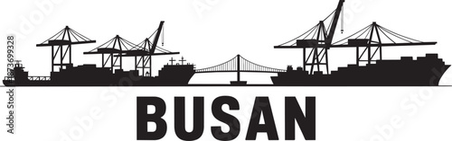 Busan south korea port silhouette with container ships cargo cranes and city skyline panorama