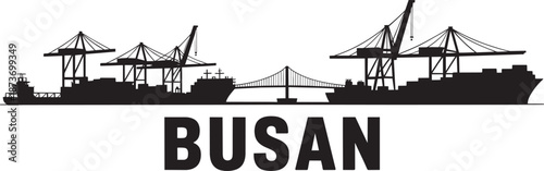 Busan south korea port silhouette with container ships cargo cranes and city skyline panorama