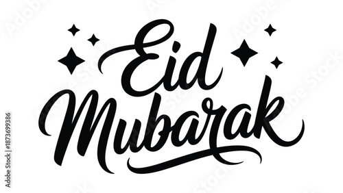 Eid mubarak hand lettering typography with decorative stars isolated on white background, elegant islamic greeting calligraphy design for eid celebration