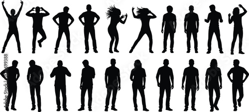 Silhouette people posing, dancing, and expressing emotions with various body gestures and postures, representing lifestyle, communication, and movement on white background