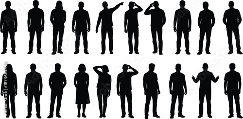 Silhouette people standing and gesturing with various hand expressions, representing communication, confusion, direction, and body language on white background
