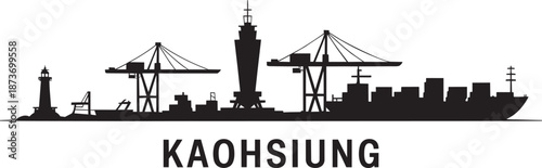 Kaohsiung skyline silhouette port scene with lighthouse cranes ships and containers on grey background