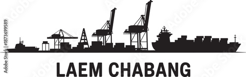 Laem chabang skyline silhouette cargo port with cranes ships and containers on grey background
