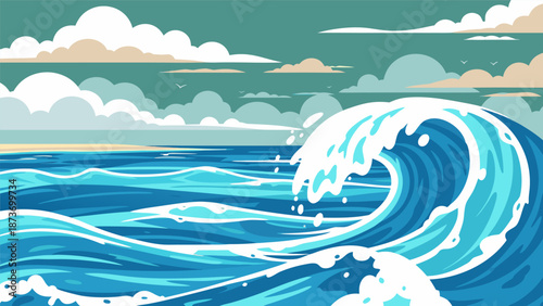 Vibrant Vector Illustration of a Crashing Ocean Wave Under a Cloudy Sky, Capturing the Power of Nature
