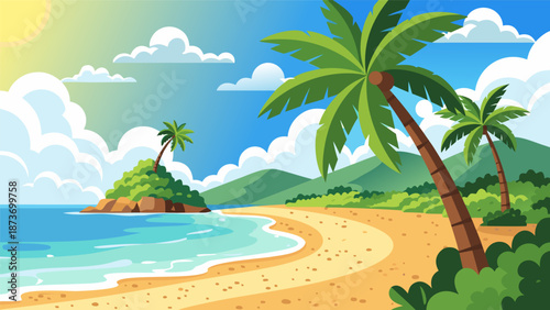 Beautiful tropical beach landscape vector illustration with palm trees, ocean waves and sandy shore under a sunny sky