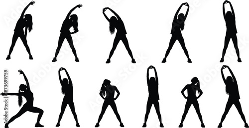 Silhouette woman stretching and warming up body in multiple fitness poses, exercise movements and flexibility routines for workout, aerobic training and physical activity