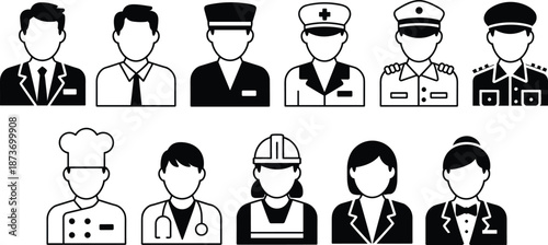 Set of black and white vector icons representing various professions like doctor, police, chef, and business people for web design