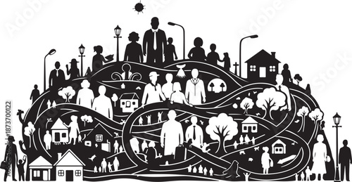 Community Life in a Small Town with Winding Paths