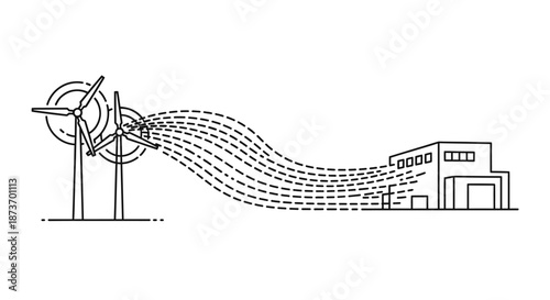 A clean energy concept illustration showcasing wind turbines generating sustainable power and transmitting it efficiently to an industrial building.