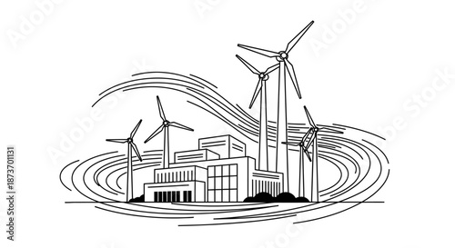 A sleek line art illustration showcases a modern industrial building integrated with multiple wind turbines, symbolizing sustainable energy and environmental responsibility.