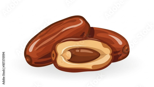 A vector graphic illustration of three dates with one cut open showing the pit inside.