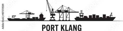 Port klang silhouette showing cargo ships and various cranes at busy shipping terminal