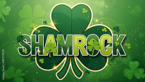 A vibrant green shamrock graphic with the word Shamrock in bold, playful letters for St. Patrick's Day