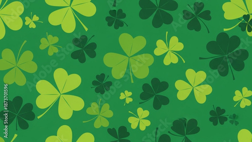 A vibrant green background with a pattern of various sized shamrocks in different shades of green.