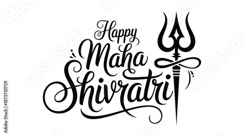 Happy maha shivratri decorative hand lettering typography with trishul symbol, elegant hindu religious festival calligraphy design isolated on white background