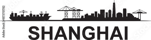 Shanghai china skyline silhouette with shipping port cranes and container ships vector illustration