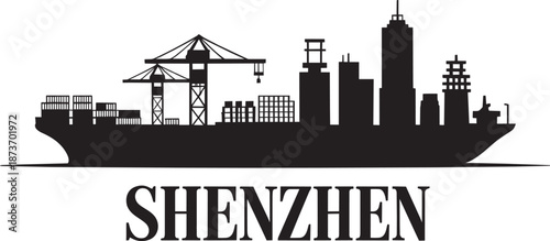 Shenzhen port skyline silhouette with cargo ships and modern high rise buildings view