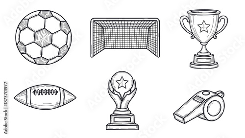 Set of Sports Icons Featuring Ball Trophy Whistle and Goal.