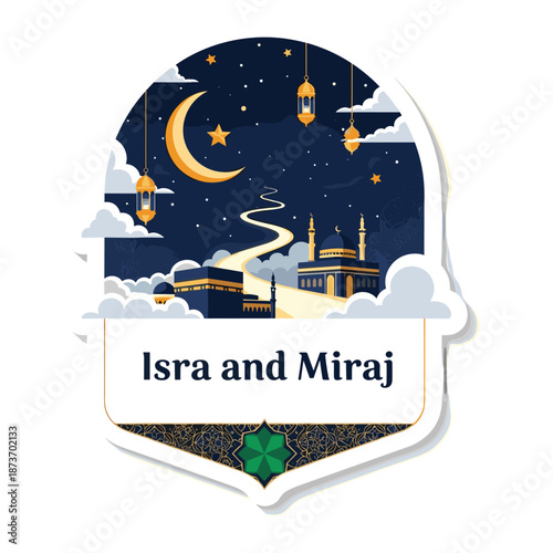 Night sky with crescent moon stars and hanging lanterns over mosque and Kaaba