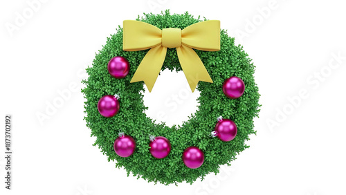 Green Christmas Wreath with Pink Ornaments and Yellow Bow