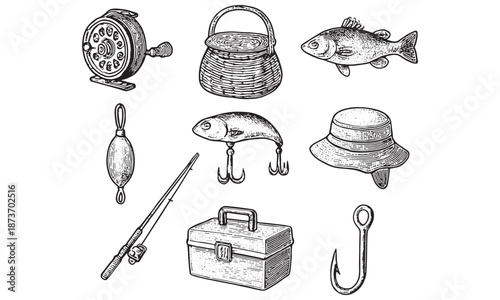 Vintage Fishing Gear Collection: Rod, Reel, Tackle Box, Lure, Fish & Hat for Outdoor Adventure Design