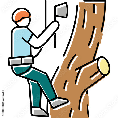 Arborist Climbing Tree with Axe