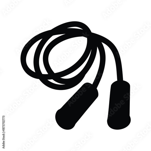 Black silhouette of a coiled jump rope with handles on white background