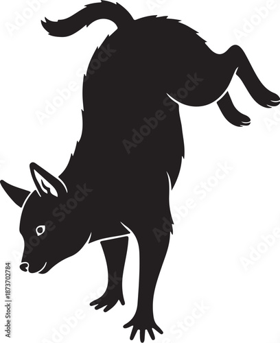 Black dog in a playful downward dog position illustration
