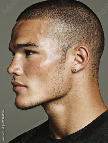 Attractive young Afro-American man studio portrait with short buzzed hair, neutral expression on white background, beauty photography lighting