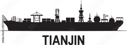 Tianjin port skyline silhouette vector with shipping containers and industrial cranes at dock