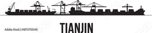 Tianjin port skyline vector illustration featuring massive cargo ships and industrial cranes