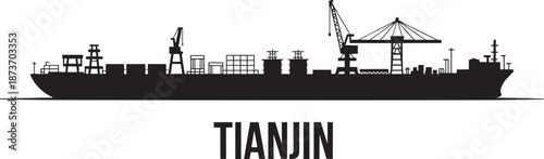 Tianjin sea freight terminal silhouette with various cargo vessels and cranes loading