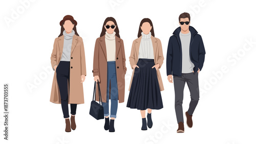 Flat vector illustration of four stylish young adults standing in a row. Mix of men and women wearing modern casual clothes.