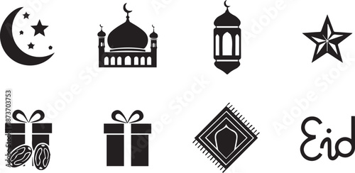 Eid al adha celebration icons featuring mosque lantern gifts and crescent moon symbols