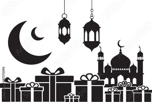 Eid al adha celebration silhouette with crescent moon lanterns and mosque