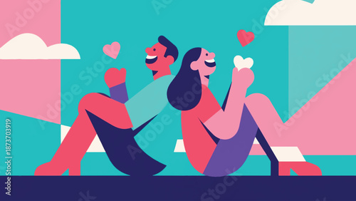 Illustration Of Couple Sitting Back To Back, Laughing, Playful Romantic Concept Vector Design Template