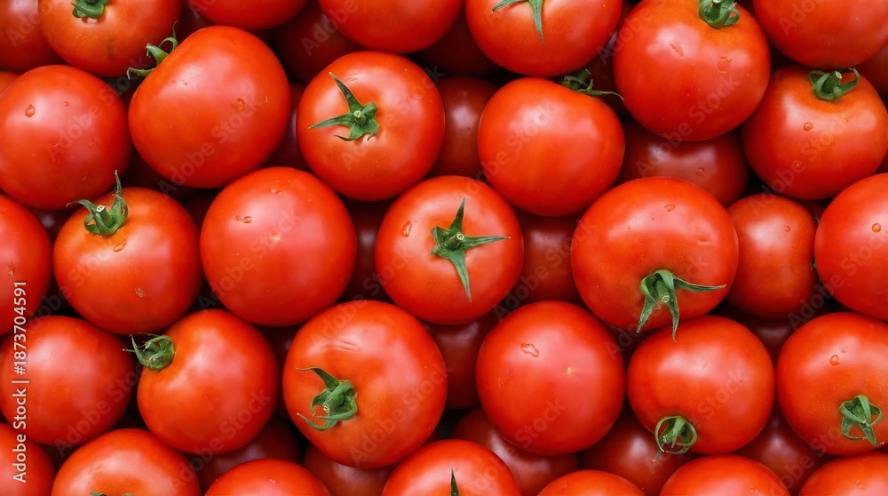 © CuteBee - A vibrant and close up view of a collection of fresh ripe red tomatoes with their green stems attached filling the frame