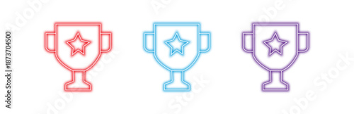 Multiple variants of colorful neon trophy icons set with star emblem, representing achievement, success, and victory concepts, glowing and isolated on transparent background.