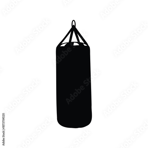 Silhouette of a heavy black punching bag suspended by straps for fitness
