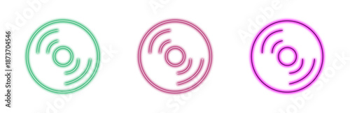 A vibrant set of three neon icons representing a compact disc or record, in green, pink and purple, isolated on a clean white background, perfect for digital music or audio-related themes.