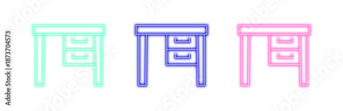 Colorful neon glowing desk icons set with multiple variants featuring two drawers, modern futuristic design elements, isolated on transparent background, vibrant vector illustration.