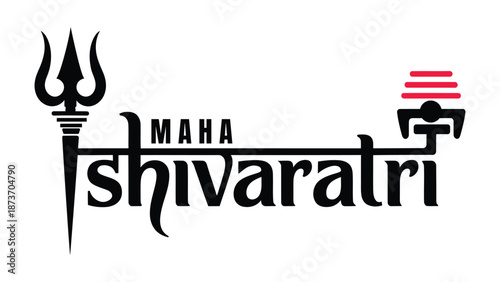 Maha shivaratri typography with trishul and shivling symbol, modern hindu religious festival lettering design isolated on white background